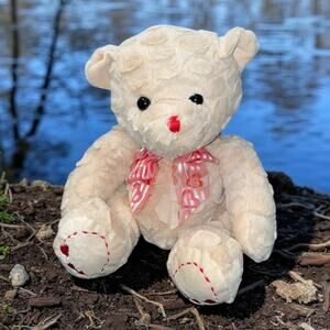 Goffa Teddy Bear Plush 11" Heart Bow Ribbon Embroidered Textured Nursery Toy